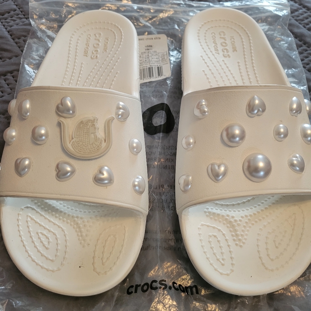 White Crocs Slide Sandals with Pearl Accents (Organization Charn will be removed